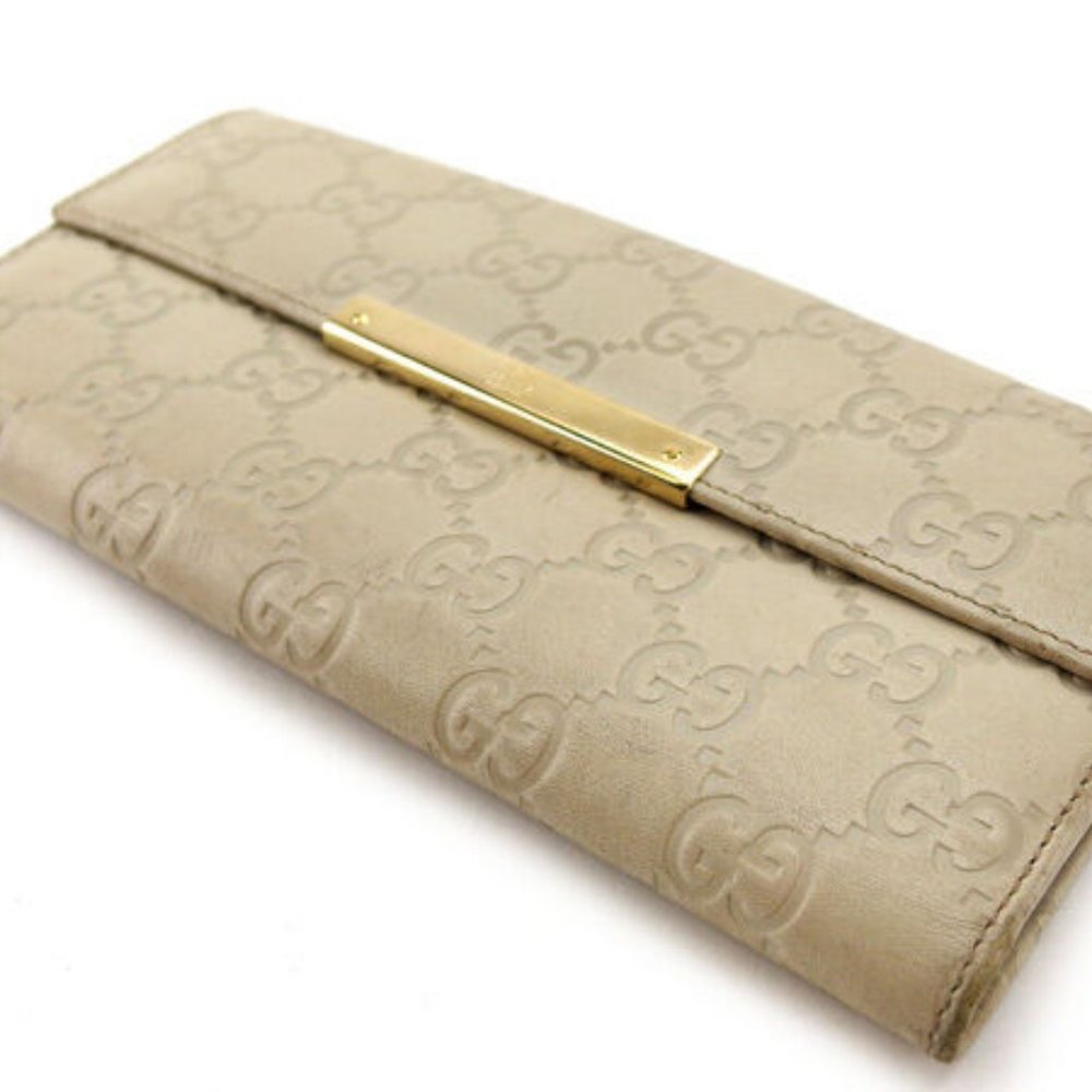 Gucci Wallet Purse Long Wallet Guccissima Beige Gold Woman Authentic Used Y3674
